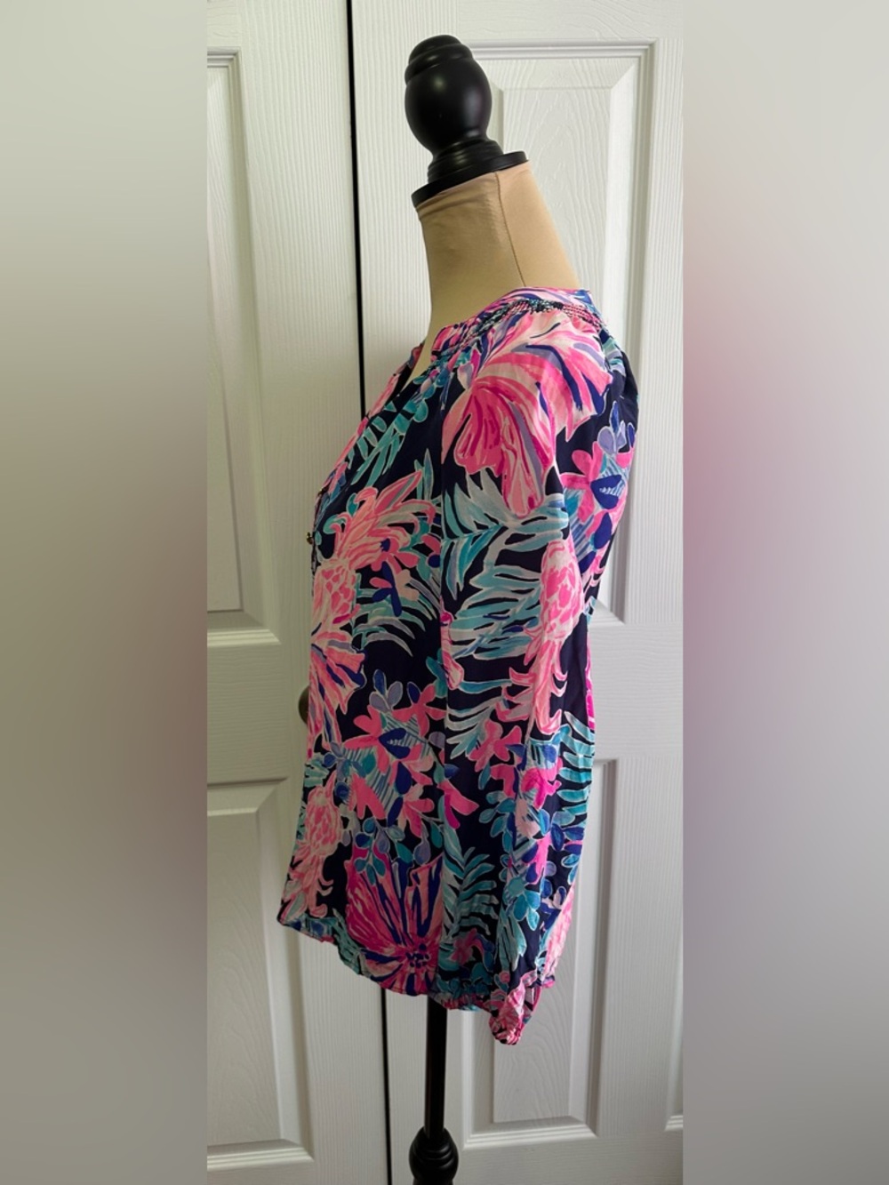 Lilly Pulitzer Navy Blouse with Pink & Teal Floral Print - Picture 3 of 7